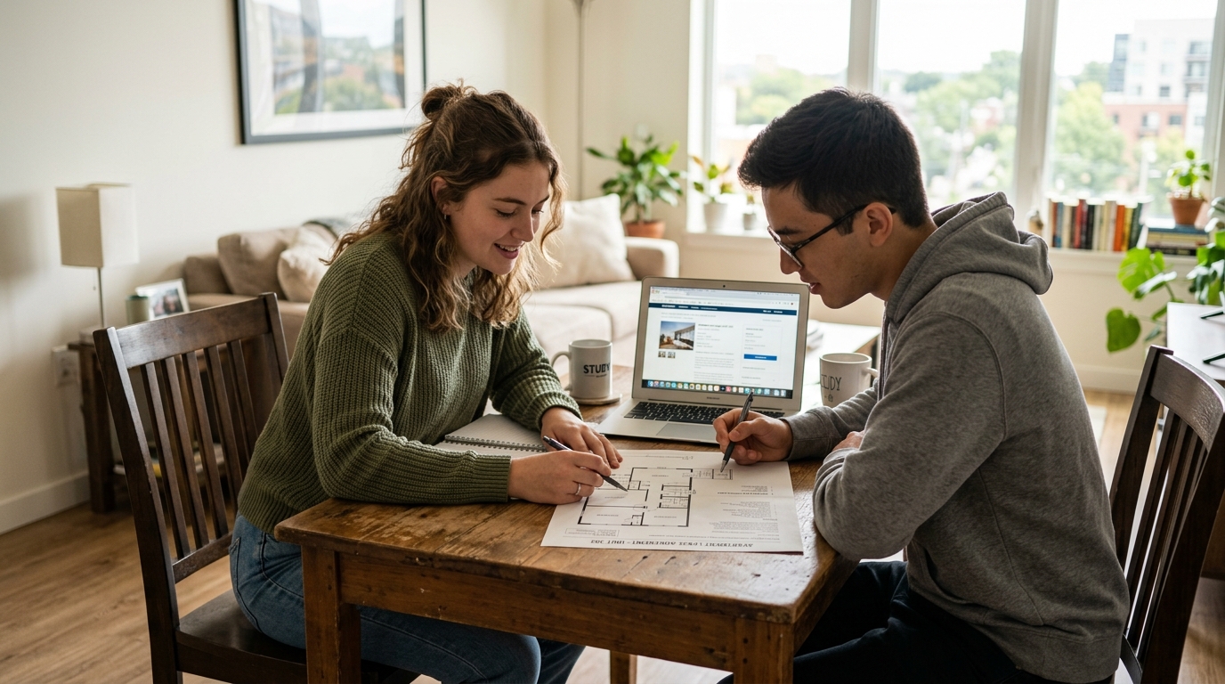 International students reviewing off-campus apartment lease