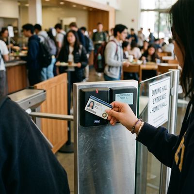 College student using a meal swipe at a university dining hall with a campus ID card