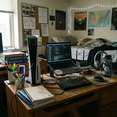 A PlayStation 5 controller resting on a dorm room desk next to a laptop showing a university IT network registration page