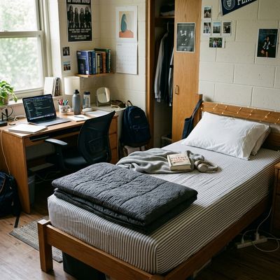 Neatly made college dorm bed with Twin XL sheets and a mattress protector in a standard dorm room