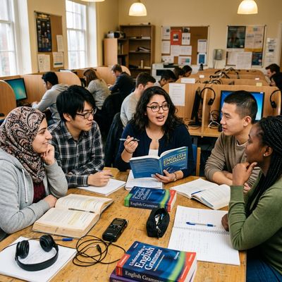 International student practicing English conversation in a US university language lab