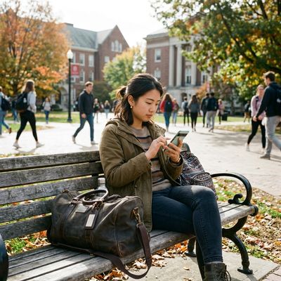 International student setting up an eSIM on their phone for the USA with a college campus in the background
