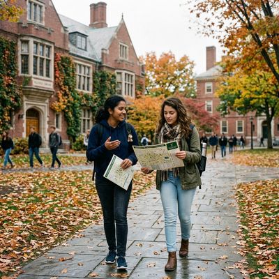 Exchange student arriving at a US university campus with luggage and campus map