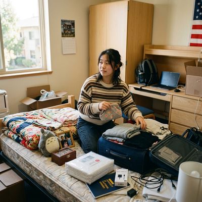Foreign exchange student unpacking in a US university dorm room