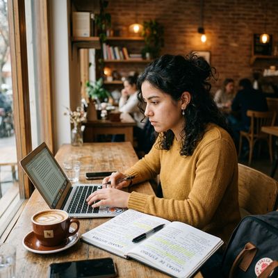 Student writing a scholarship essay on a laptop at a university library desk