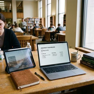 University student using Notion on a laptop and iPad for organized academic note-taking and study planning