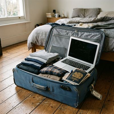 International student packing a suitcase for studying in the USA with a checklist nearby