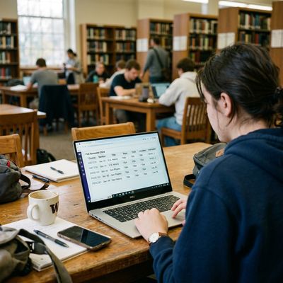 A student looking confused at a laptop screen displaying a university course schedule with TBA listed for the professor and location