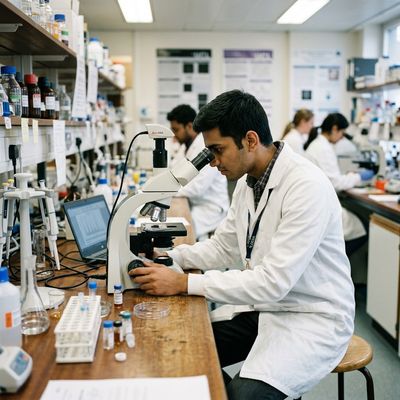 International student working in a university STEM laboratory with lab equipment