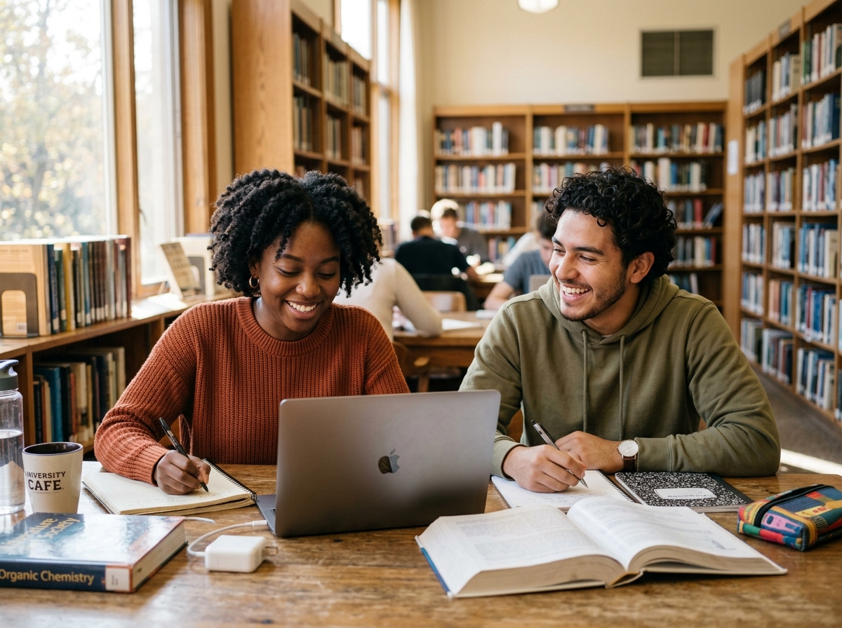 International students studying together in university library