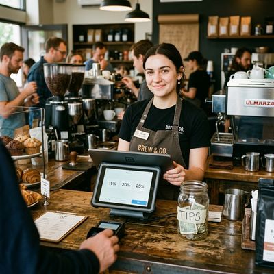 A point-of-sale tablet displaying 15%, 20%, and 25% tipping options at a cafe counter with a barista in the background