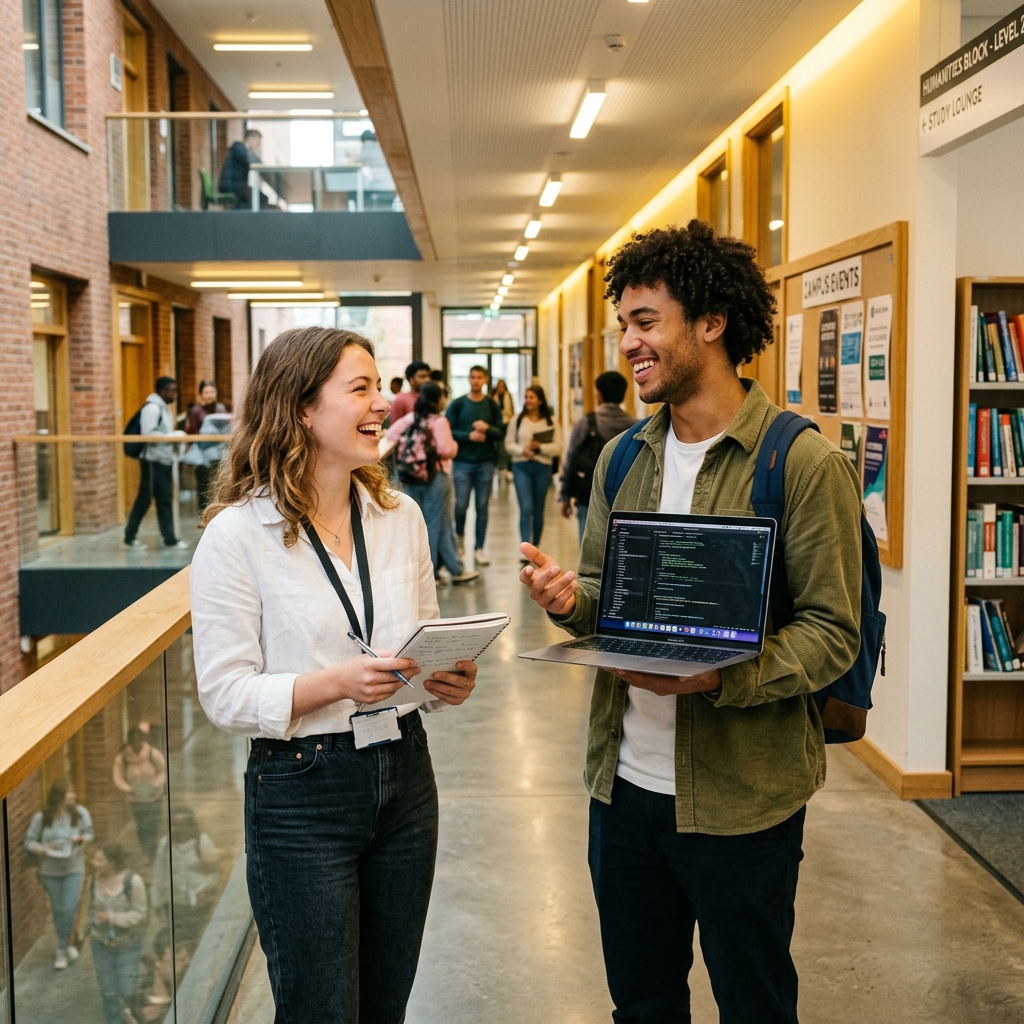 Happy students walking in modern university building